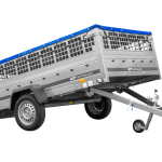 Anhänger 264×150 UNITRAILER GARDEN 265 KIPP mit Gitteraufsatz, Flachplanenträgern und blauer Plane-Neu