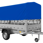 Autotransportanhänger auf Blattfedern 264×125 UNITRAILER GARDEN 264/R KIPP mit Gitterwänden, H-800 Rahmen und blauer Plane-Neu
