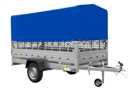 Autotransportanhänger auf Blattfedern 264×125 UNITRAILER GARDEN 264/R KIPP mit Gitterwänden, H-800 Rahmen und blauer Plane-Neu
