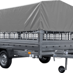 Autotransportanhänger auf Blattfedern 264×150 UNITRAILER GARDEN 265/R KIPP mit Gitterwänden, H-800 Rahmen und grauer Plane-Neu