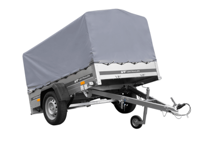 Einachsanhänger auf Blattfedern 200×125 UNITRAILER GARDEN 201/R KIPP mit H-800-Rahmen und grauer Plane-Neu