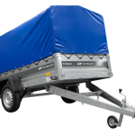 Einachsiger Anhänger mit Blattfedern 264×125 UNITRAILER FORCE 264/R KIPP mit H-800 Spriegel und blauer Plane-Neu
