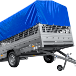 PKW-Anhänger 264×150 UNITRAILER GARDEN 265 KIPP mit Gitteraufsatz, Hochspriegel H-800 und blauer Plane-Neu