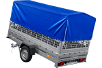 PKW-Anhänger 264×150 UNITRAILER GARDEN 265 KIPP mit Gitteraufsatz, Hochspriegel H-800 und blauer Plane-Neu – Bild 3
