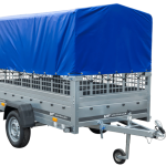 PKW-Anhänger auf Federn 230×125 UNITRAILER GARDEN 230/R KIPP mit Gitterwänden, H-800-Rahmen und blauer Plane-Neu
